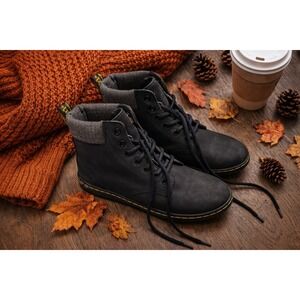 Dr. Martens Black Leather Boots Tweed Cuff Lightweight Sole Women's 9